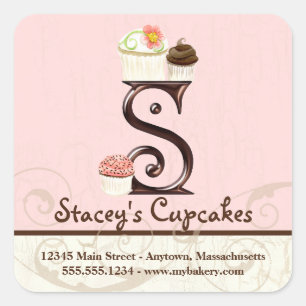 Adesivo Quadrado Cupcake Carta S Monograma Logotipo da caixa de neg