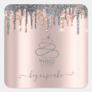 Adesivo Quadrado Cupcake Chic Prateado com Glitter Rose Gold Goteja