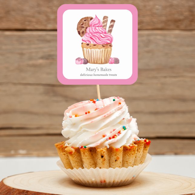 Adesivo Quadrado Cupcake Cor-De-Água Rosa Com Panificação De Chocol (Criador carregado)