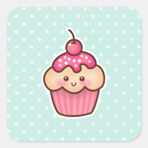 Adesivo Quadrado Cupcake cor-de-rosa de Kawaii e bolinhas bonitos