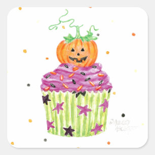 Adesivo Quadrado Cupcake de Abóbora de Halloween