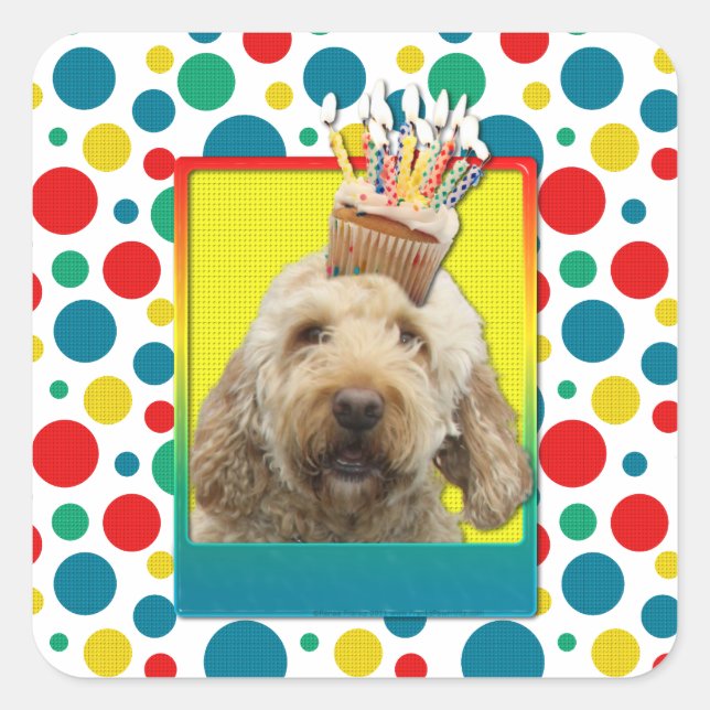 Adesivo Quadrado Cupcake de aniversário - GoldenDoodle (Frente)