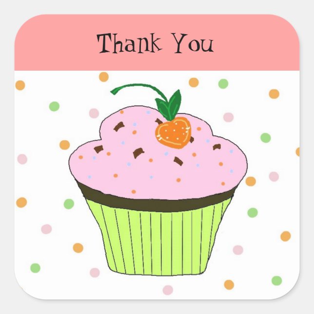 Adesivo Quadrado Cupcake de Bolinhas Obrigado (Frente)
