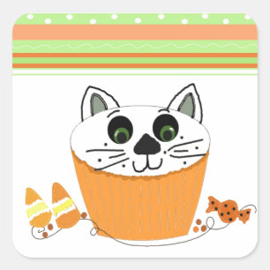 Adesivo Quadrado Cupcake de Gato Halloween