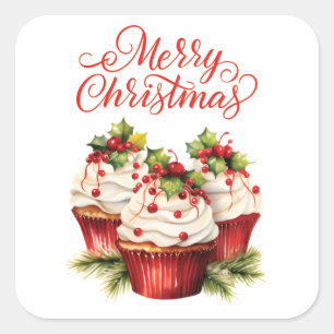 Adesivo Quadrado Cupcake de Natal com Frutas Holly Berry