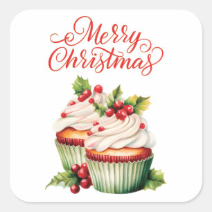 Adesivo Quadrado Cupcake de Natal com Frutas Holly Berry