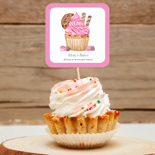 Adesivo Quadrado Cupcake de Rosa Àgua-Forte Com Padaria de Chocolat
