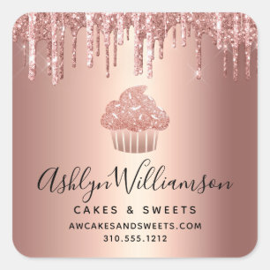 Adesivo Quadrado Cupcake de Rosa Dourado com Gotejamento de Brilho 