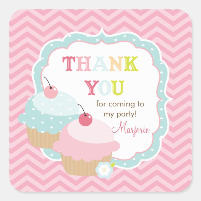 Adesivo Quadrado Cupcake Divertido Colorido Obrigado Por (Frente)