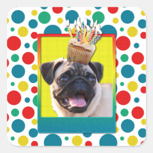 Adesivo Quadrado Cupcake do aniversário - Pug