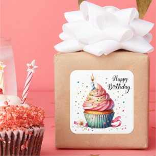 Adesivo Quadrado Cupcake Feliz de Aniversário