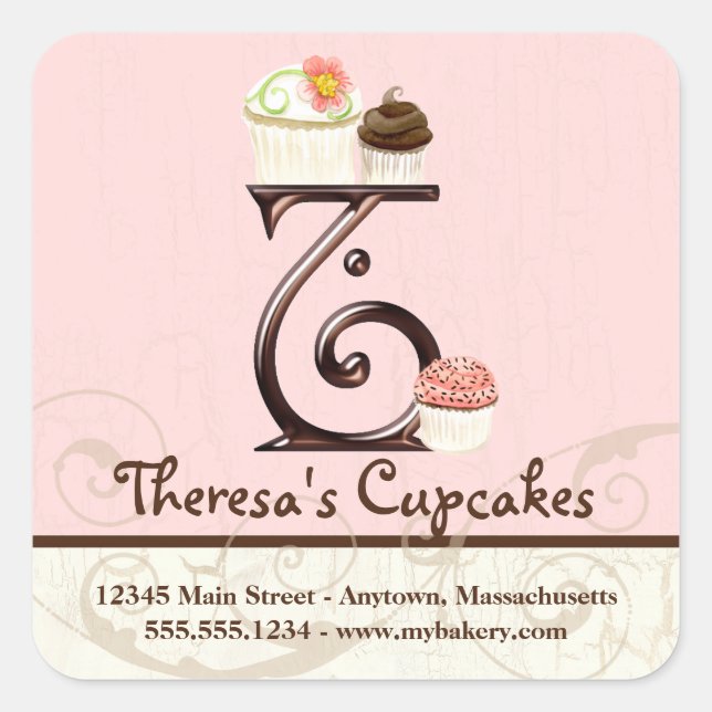 Adesivo Quadrado Cupcake Letter T Monograma Logotipo comercial (Frente)