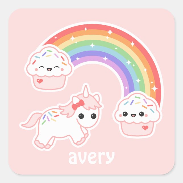 Adesivo Quadrado Cupcake Rainbow Unicorn (Frente)