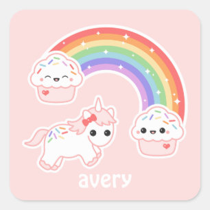 Adesivo Quadrado Cupcake Rainbow Unicorn