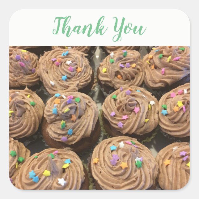 Adesivo Quadrado Cupcakes de Chocolate Obrigado (Frente)