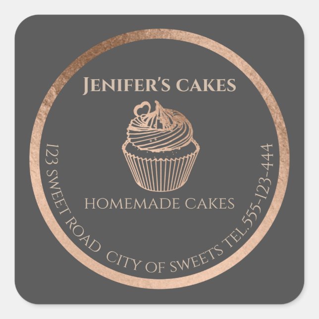 Adesivo Quadrado cupcakes de rosa dourados e embalagens para uso do (Frente)