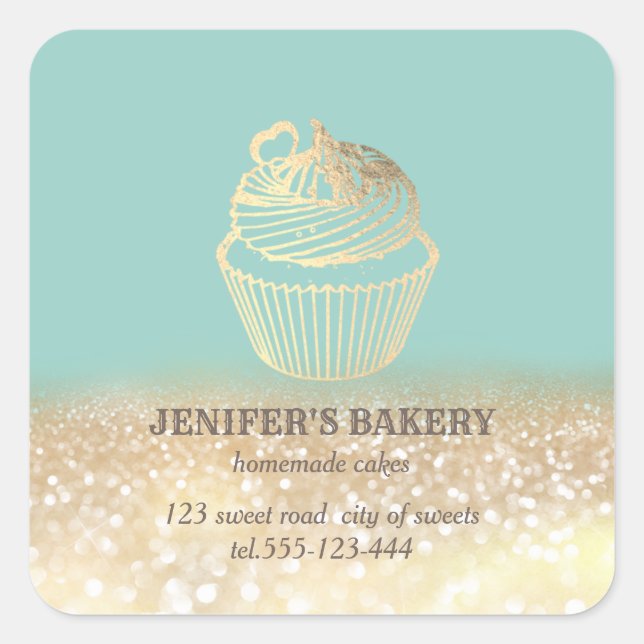 Adesivo Quadrado Cupcakes e doces caseiros de ouro (Frente)