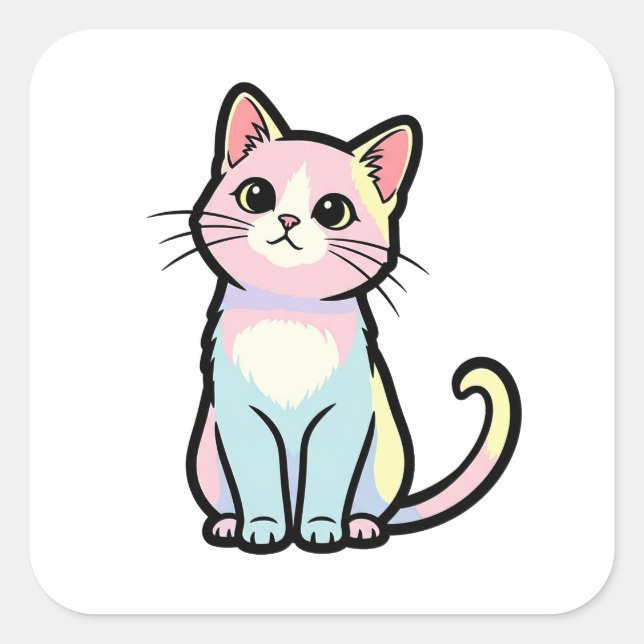 Adesivo Quadrado Curious Cat – Cute Kawaii Animal Illustration (Frente)