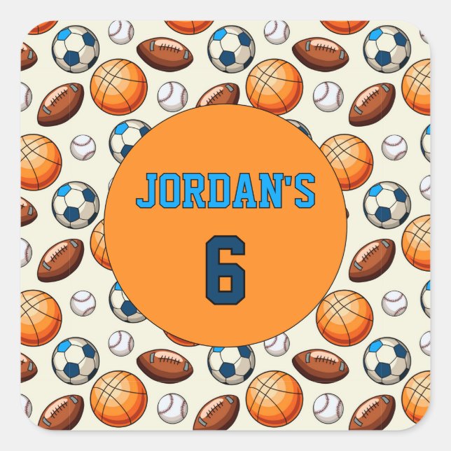 Adesivo Quadrado Custom Birthday Sports Theme Stickers (Frente)
