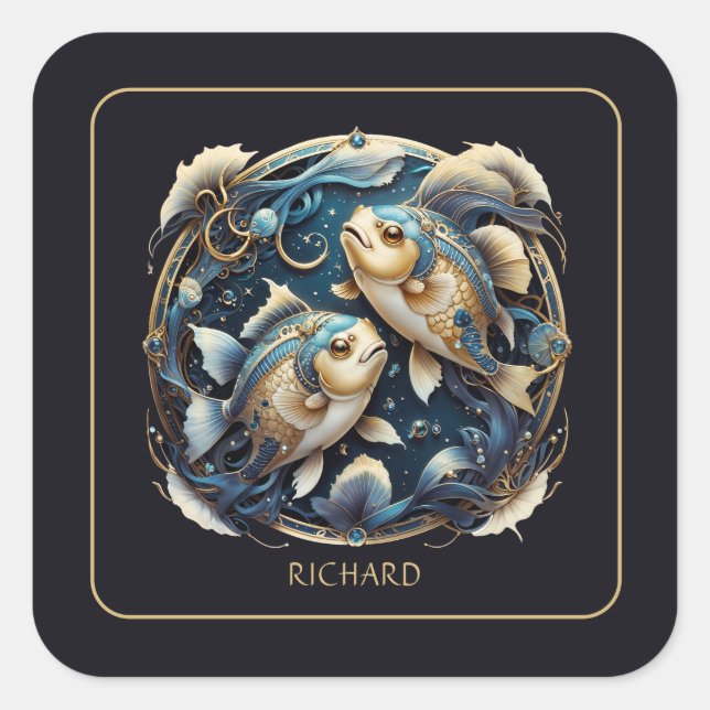 Adesivo Quadrado Custom Cosmic Fish Zodiac Sign Black Gold Pisces (Frente)