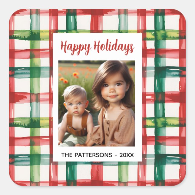 Adesivo Quadrado Custom Happy Holidays Fun Plaid Red Green Photo (Frente)