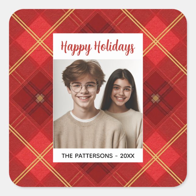 Adesivo Quadrado Custom Happy Holidays Fun Plaid Red Green Photo (Frente)