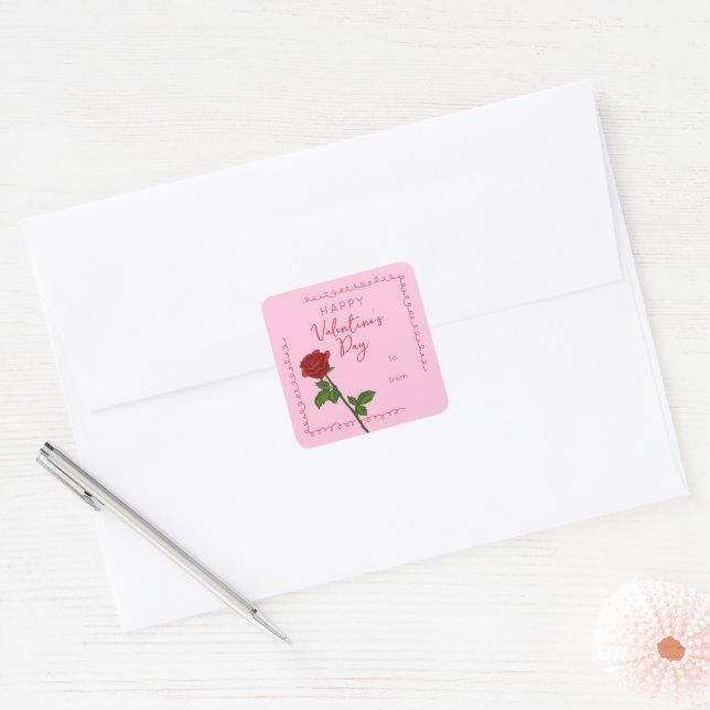 Adesivo Quadrado Custom Happy Valentine’s Day Rose Square Sticker (Envelope)