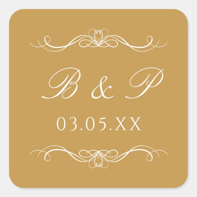 Adesivo Quadrado Custom Monogram Modern Elegant Gold Swirl Wedding (Frente)