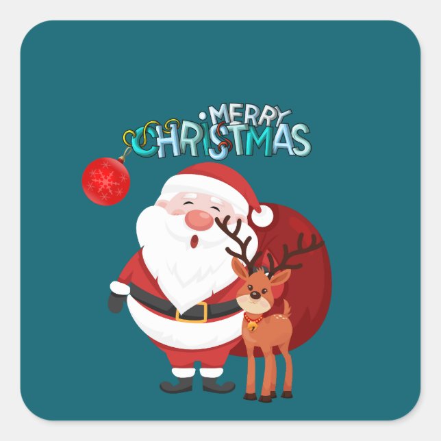 Adesivo Quadrado Custom Santa & Reindeer Happy Holiday Sticker (Frente)