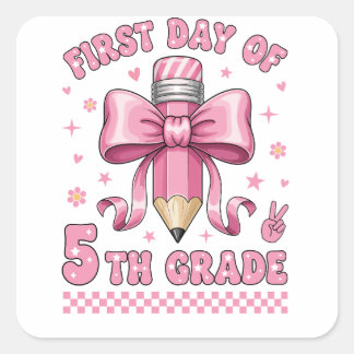 Adesivo Quadrado Cute 5th Grade Girl Pink Bow Groovy Pencil Design