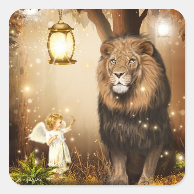 Adesivo Quadrado Cute Angel e Lion Fantasy (Frente)