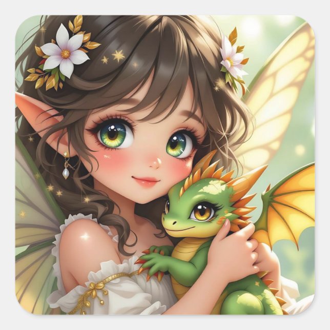 Adesivo Quadrado Cute Anime Fairy and Chibi Dragon  (Frente)
