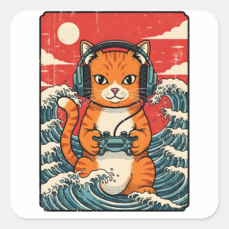 Adesivo Quadrado Cute Anime Gamer Cat Japanese Gaming Retro