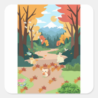 Adesivo Quadrado Cute Autumn Forest Animals Cozy Landscape Art Post