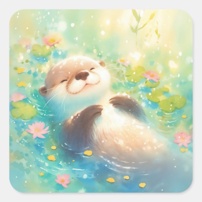 Adesivo Quadrado Cute Baby Otter Floating in Sunlit Blue Pond (Frente)