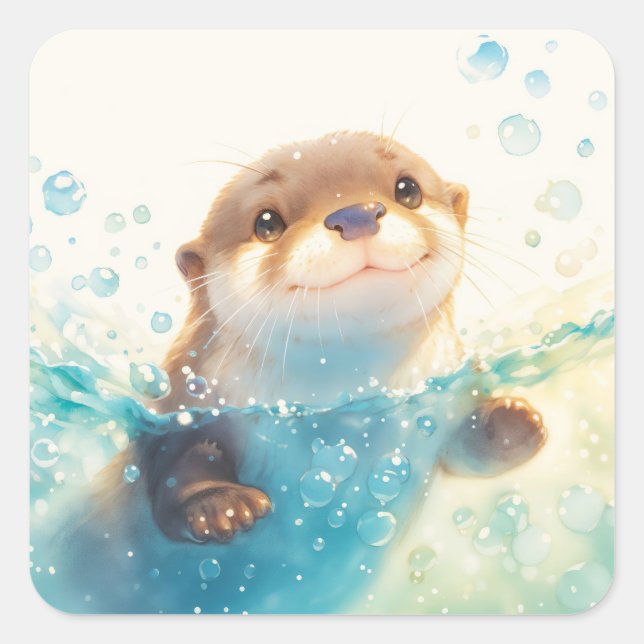 Adesivo Quadrado Cute Baby Otter Splashing in Sparkling Blue Water (Frente)