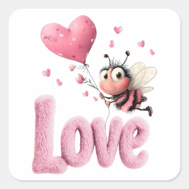 Adesivo Quadrado Cute Bee Fluffy Pink Love Heart Balloon Design (Frente)