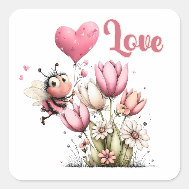 Adesivo Quadrado Cute Bee Love Heart Balloon Spring Flowers (Frente)