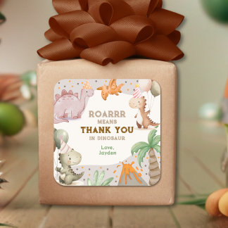 Adesivo Quadrado Cute Birthday Party Dinosaur Thank You
