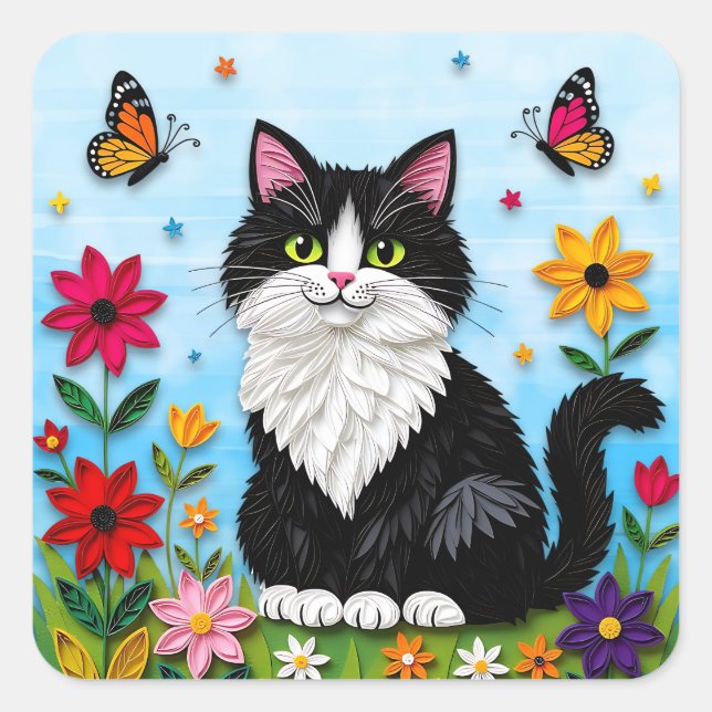 Adesivo Quadrado Cute Black and White Cat, Flowers and Butterflies (Frente)
