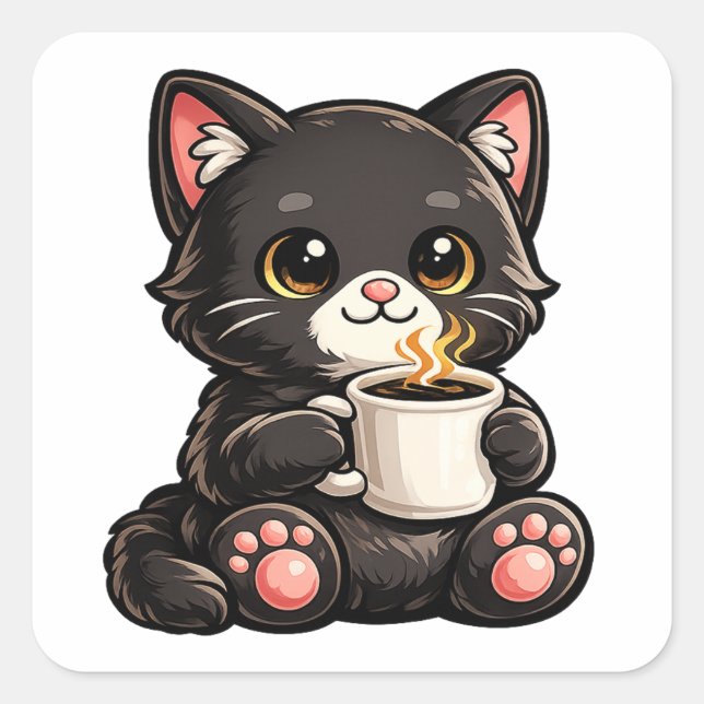 Adesivo Quadrado Cute Black Cat with Coffee (Frente)