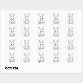 Adesivo Quadrado Cute Blue Bunny Party Theme Pastel Floral