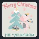 Adesivo Quadrado Cute Boho Christmas Unicorn<br><div class="desc">Este adesivo de Natal personalizado apresenta uma ilustração de desenho animado giro e giro estilo boho. Um unicórnio rosa bonito está decorando sua árvore de Natal debaixo dos flocos de neve que caem. O fundo é uma cor verde macia.</div>