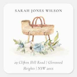 Adesivo Quadrado Cute Boho Nursery Blue Floral Bassinet