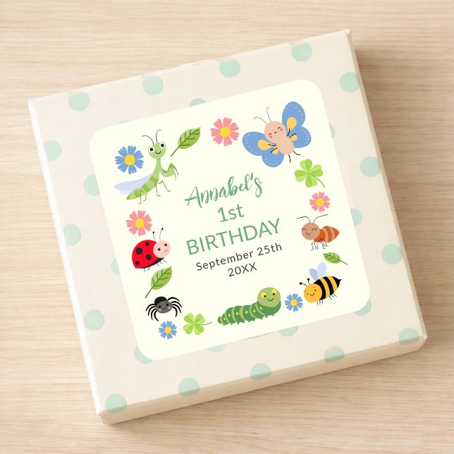Adesivo Quadrado Cute Bug Ladybug Buttefly Kids 1st Birthday  (Criador carregado)