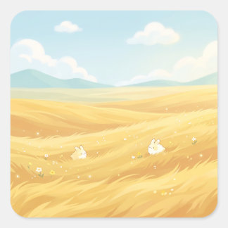Adesivo Quadrado Cute Bunnies in Golden Wheat Field Landscape
