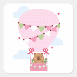 Adesivo Quadrado Cute Capybara Hot Air Balloon Pink Birthday Party