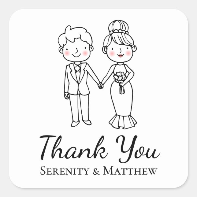 Adesivo Quadrado Cute Cartoon Bride Groom Black White Thank You (Frente)