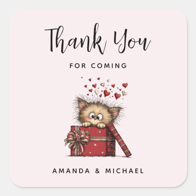 Adesivo Quadrado Cute Cartoon Kitten in a Box with Hearts Thank You (Frente)