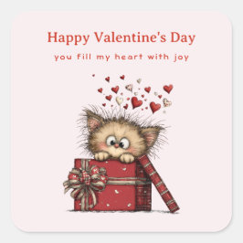 Adesivo Quadrado Cute Cartoon Kitten with Hearts Valentine's Day
